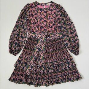 Boden Floral Pleated Ruffle Dress Puff Balloon Sleeve Belted US 6 Midi